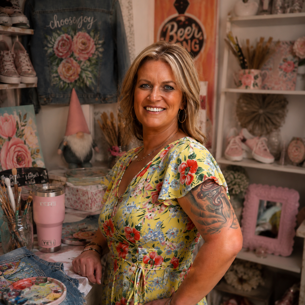 Katie in her sunlit craft studio surrounded by custom artwork