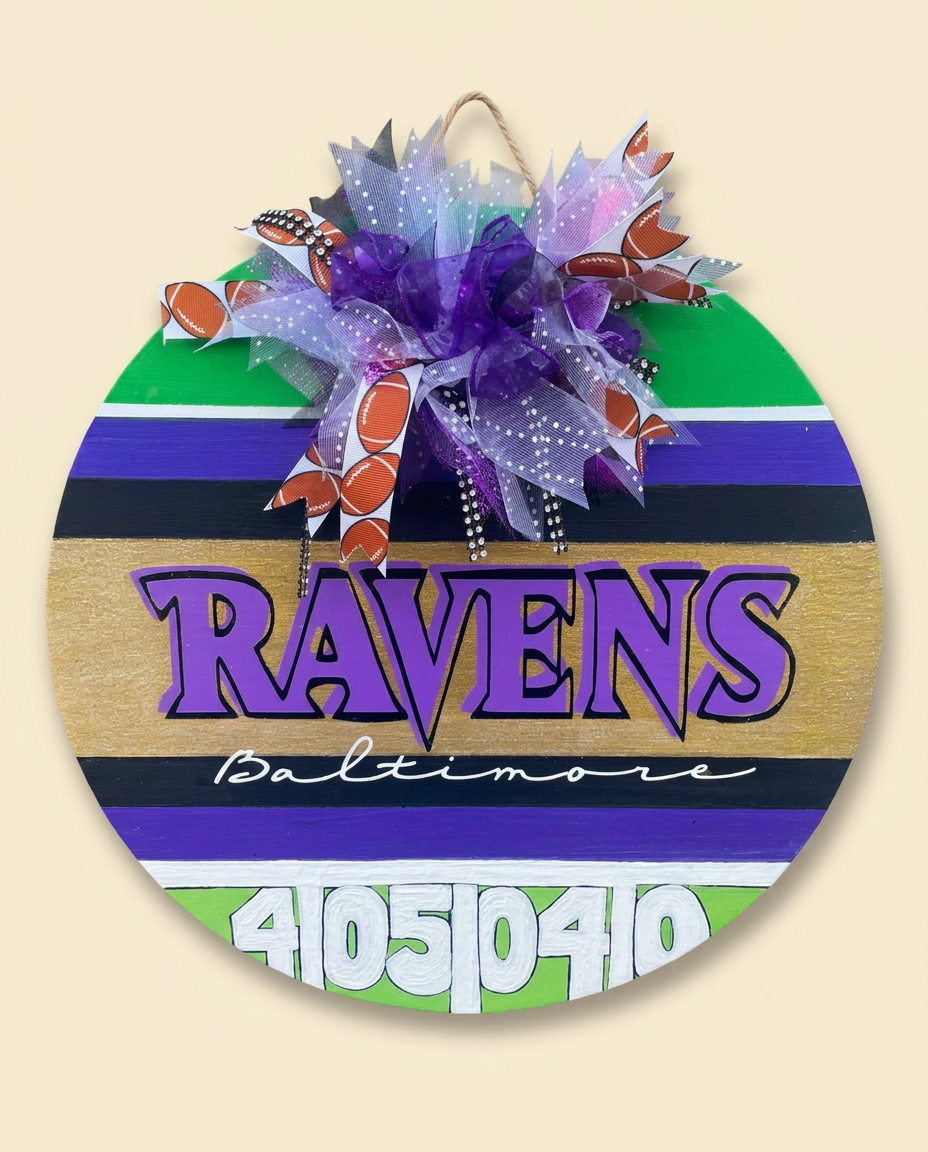 Baltimore Ravens custom round door sign on a cream background