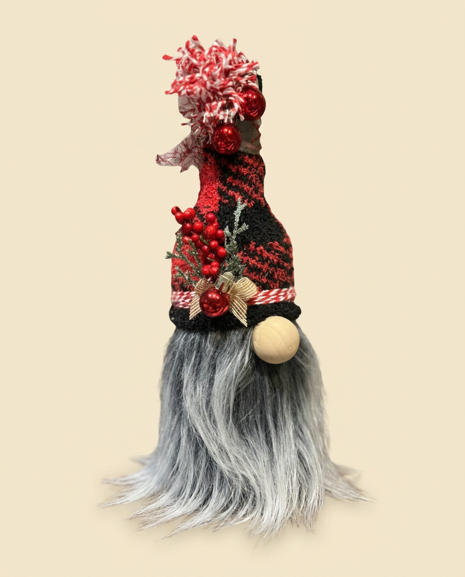 Christmas gnome craft with red and black hat on a cream background