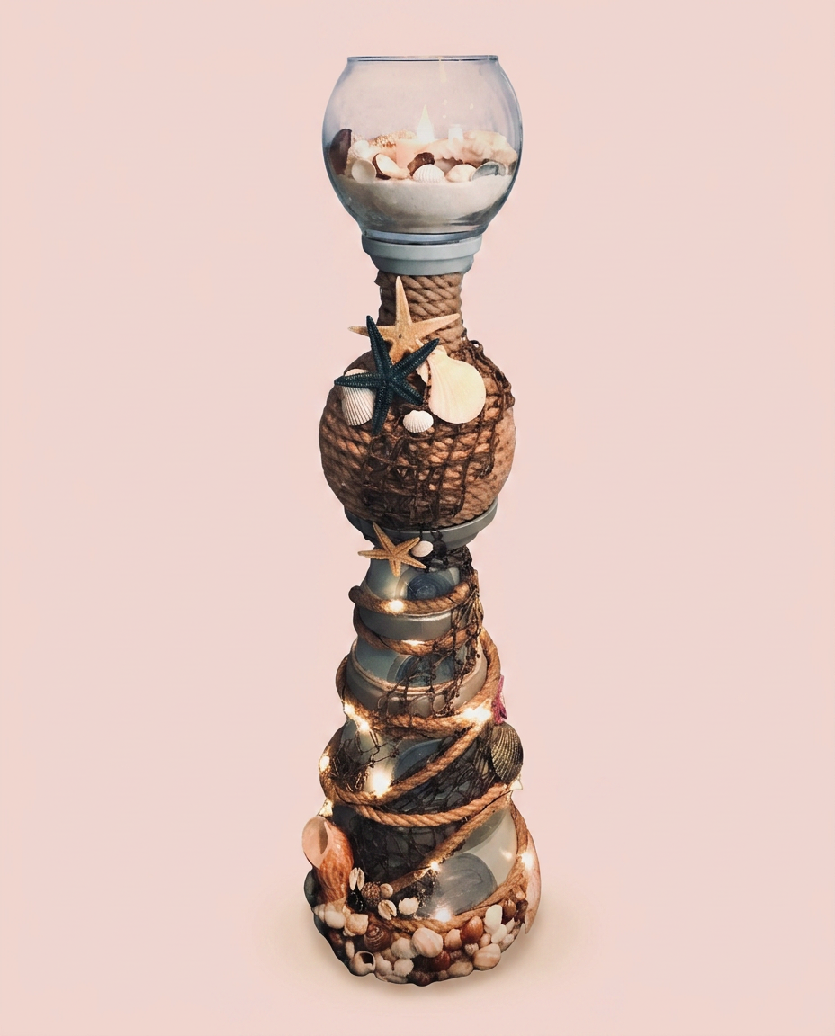 Handmade flower pot lighthouse with rope, shells, and lights on a blush background