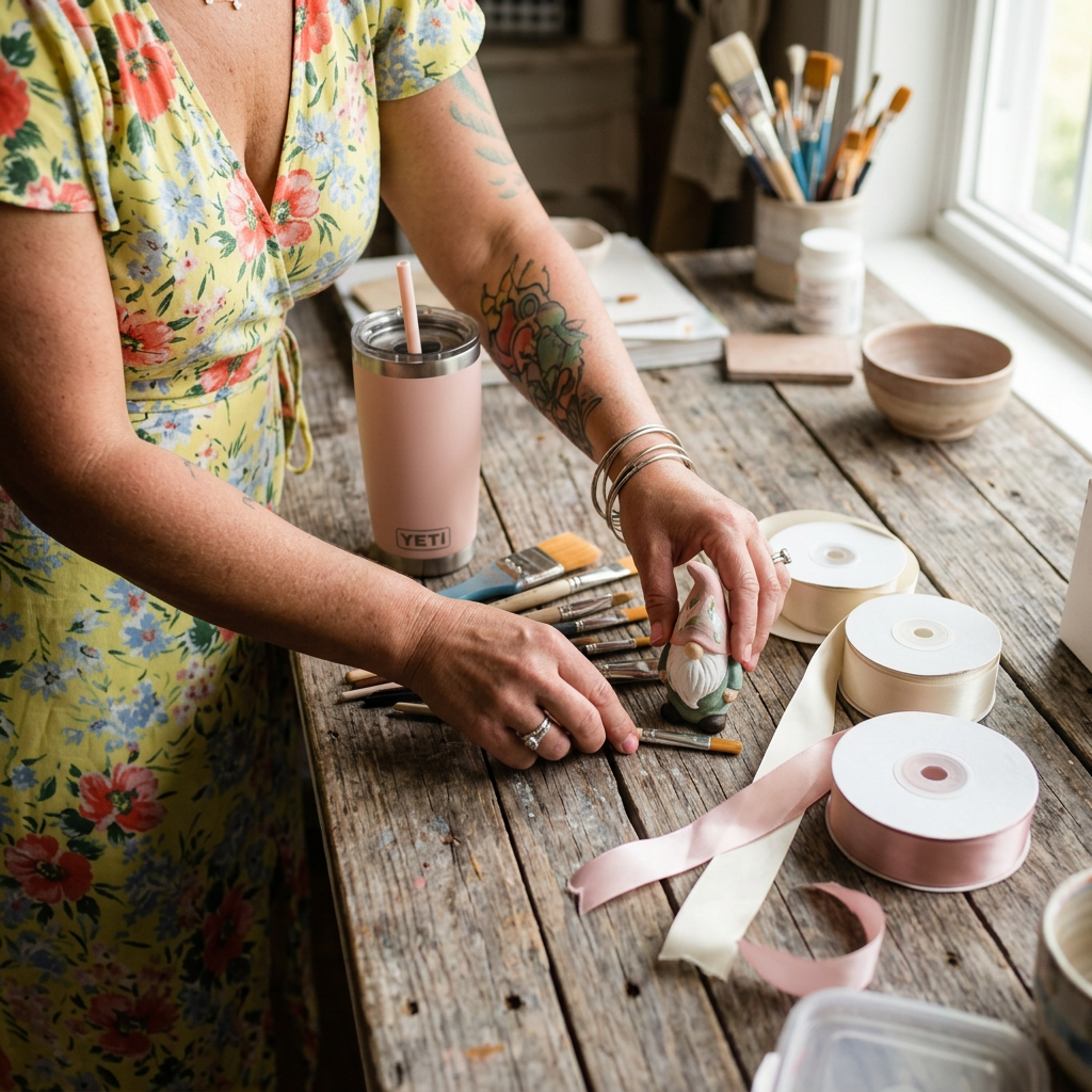 Katie's craft studio with brushes and ribbons